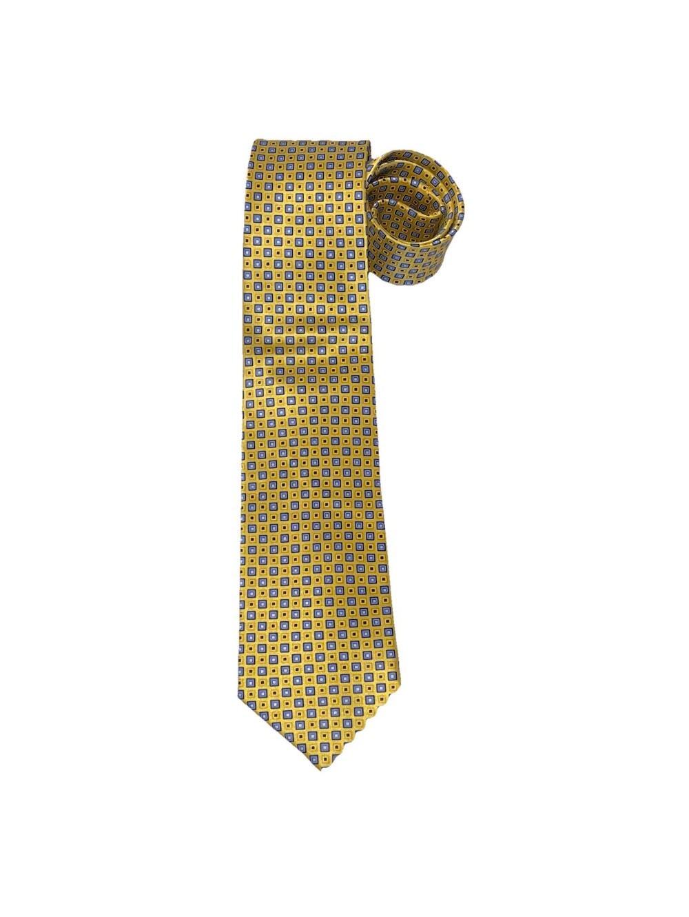 PIATTELLI Men’s 100% Silk Necktie Yellow Gold Blue ITALY Designer Geometric 60”